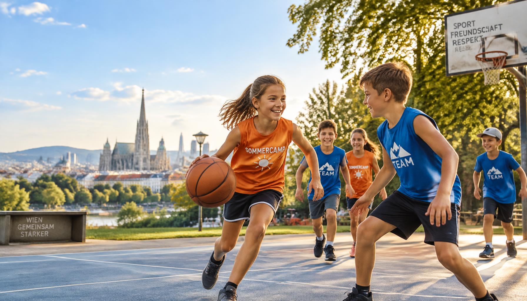 Kinder spielen Basketball in einem Wiener Park